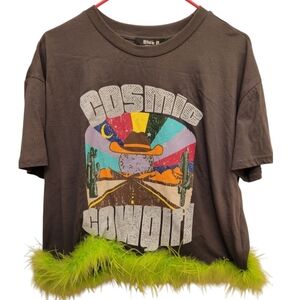 Blue B. Collection Cosmic Cowgirl Feather Boa Hem Gray Lime Green Tee Size Large